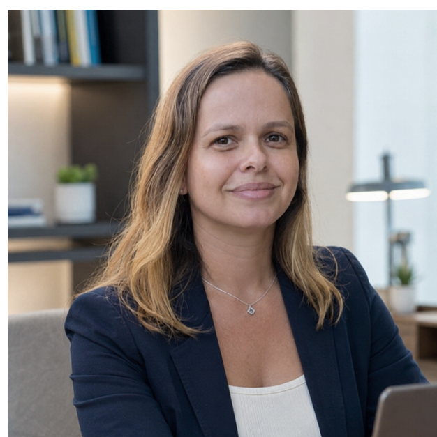 Beatrice Vasconcelos com blazer azul-escuro em ambiente profissional